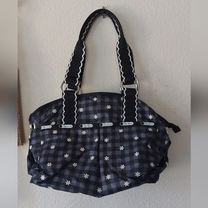 LeSportSac Black and Gray Gingham with Embroidered Daisies Satchel